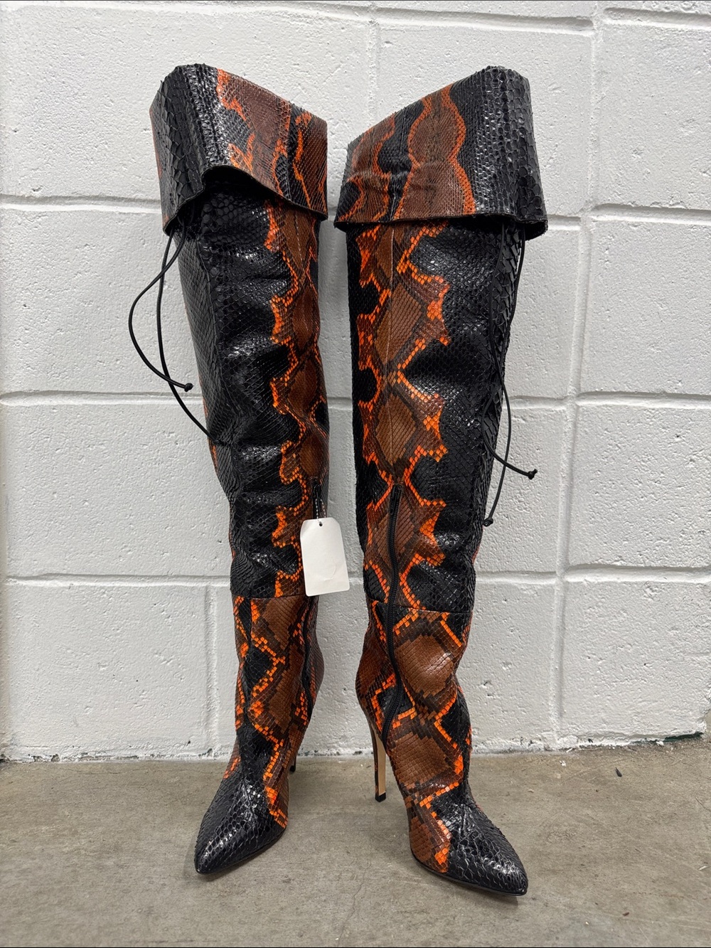 Brian Atwood Black and Orange Snake-Print Over-the-Knee Stiletto Boots